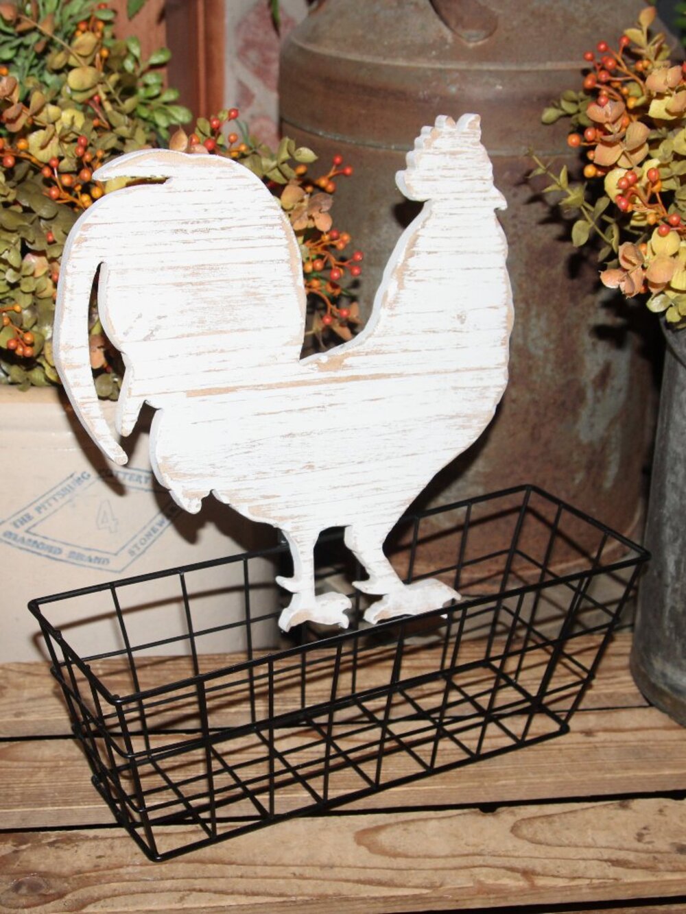 Adorable Distressed White & Black Farmhouse Rooster Countertop or Wall Basket